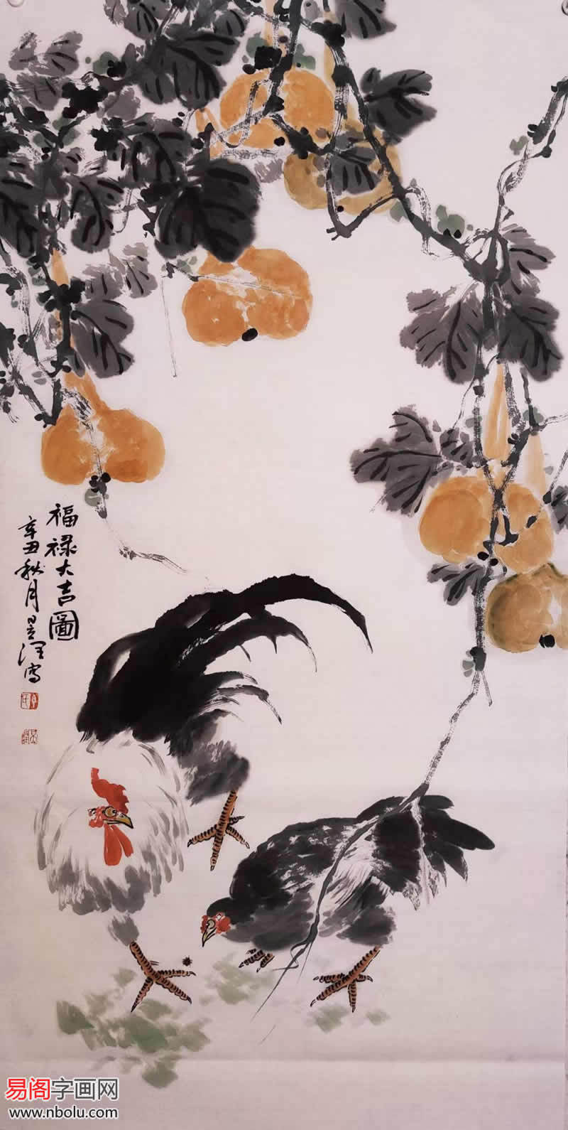 他的公鸡特立独行,搭配葫芦,有福禄大吉的寓意.
