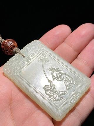 清 和田玉籽料 双童 童子 诗文牌 文珍牌_纸鸢_清代_图案