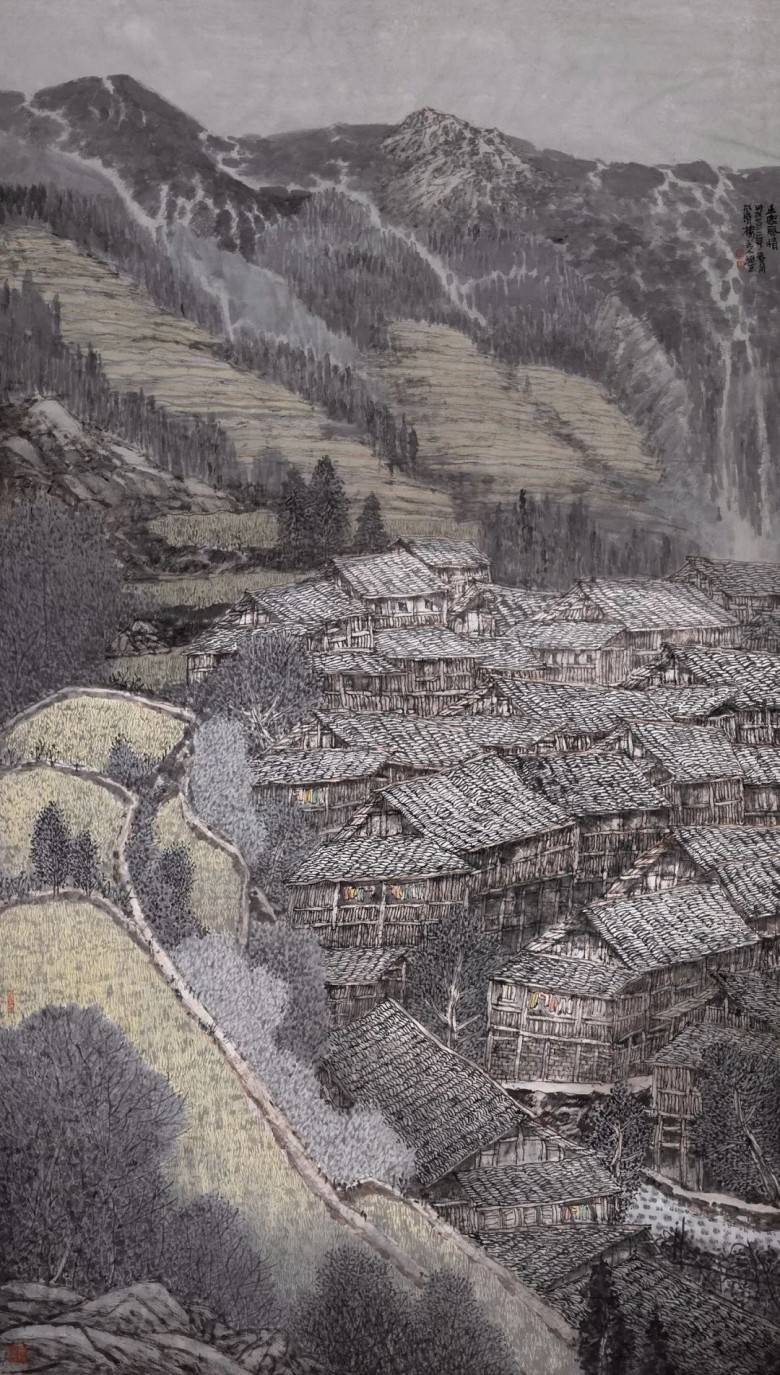 国画名家丨张祖全碧水青山映楼台巴渝民宅烟雨中