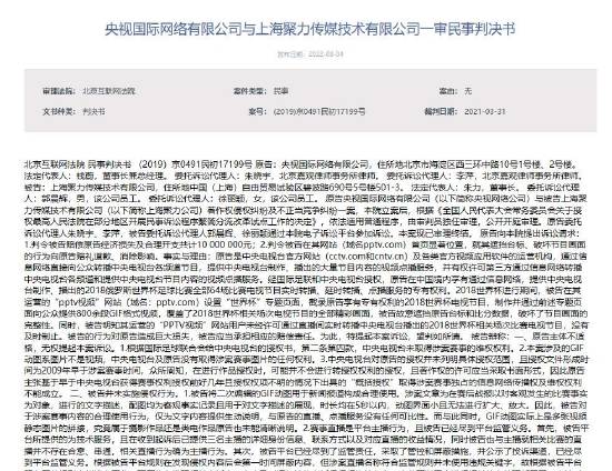 央视国际网络有限公司与上海聚力传媒技术有限公司一审民事判决书公开