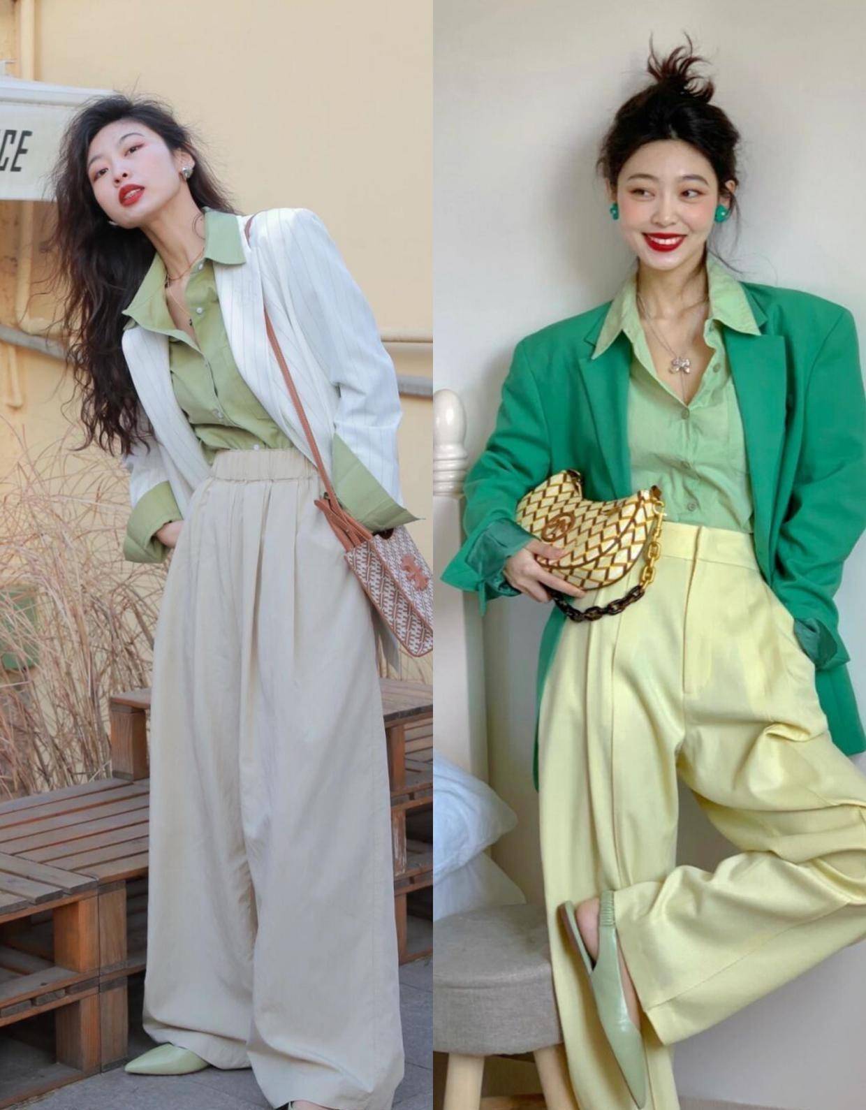 在搭配西装时,可以借鉴邻近色搭配法则,试着利用相近的配色进行搭配