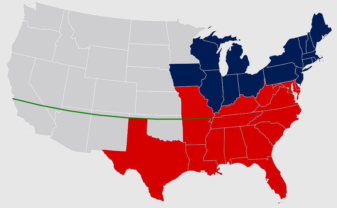 1820年,美国通过的"密苏里妥协案"规定:位于北纬36度30分以南的新州为