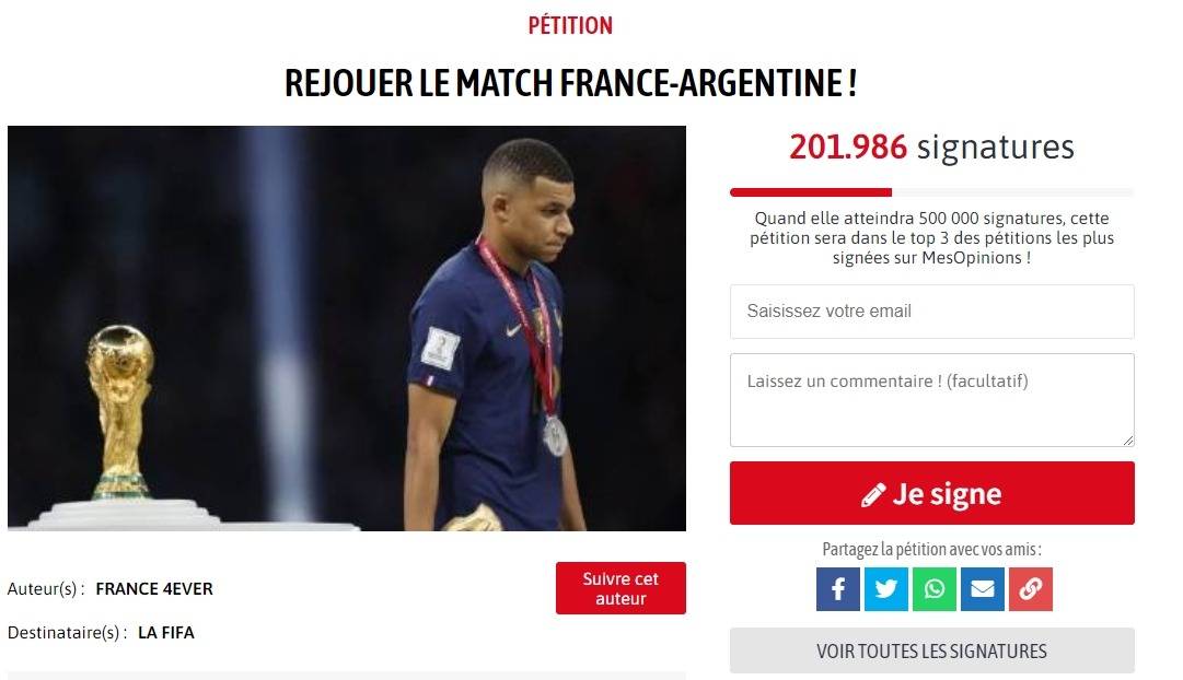 输不起!20万法国人请愿重踢世界杯决赛，指责阿根廷2个进球不存在