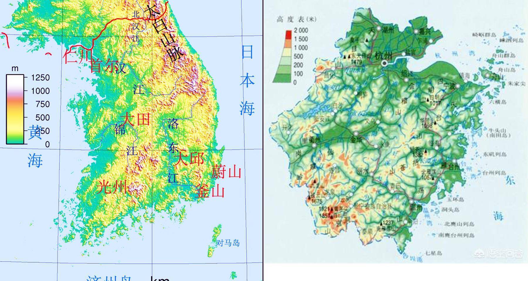 韓國和我國的浙江省地形圖對比不過若論大區域而言韓國的人口分佈和