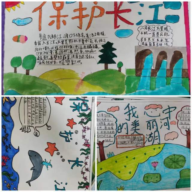 班会课后,学校开展了以法护长江为主题的黑板报,手抄报评比活动