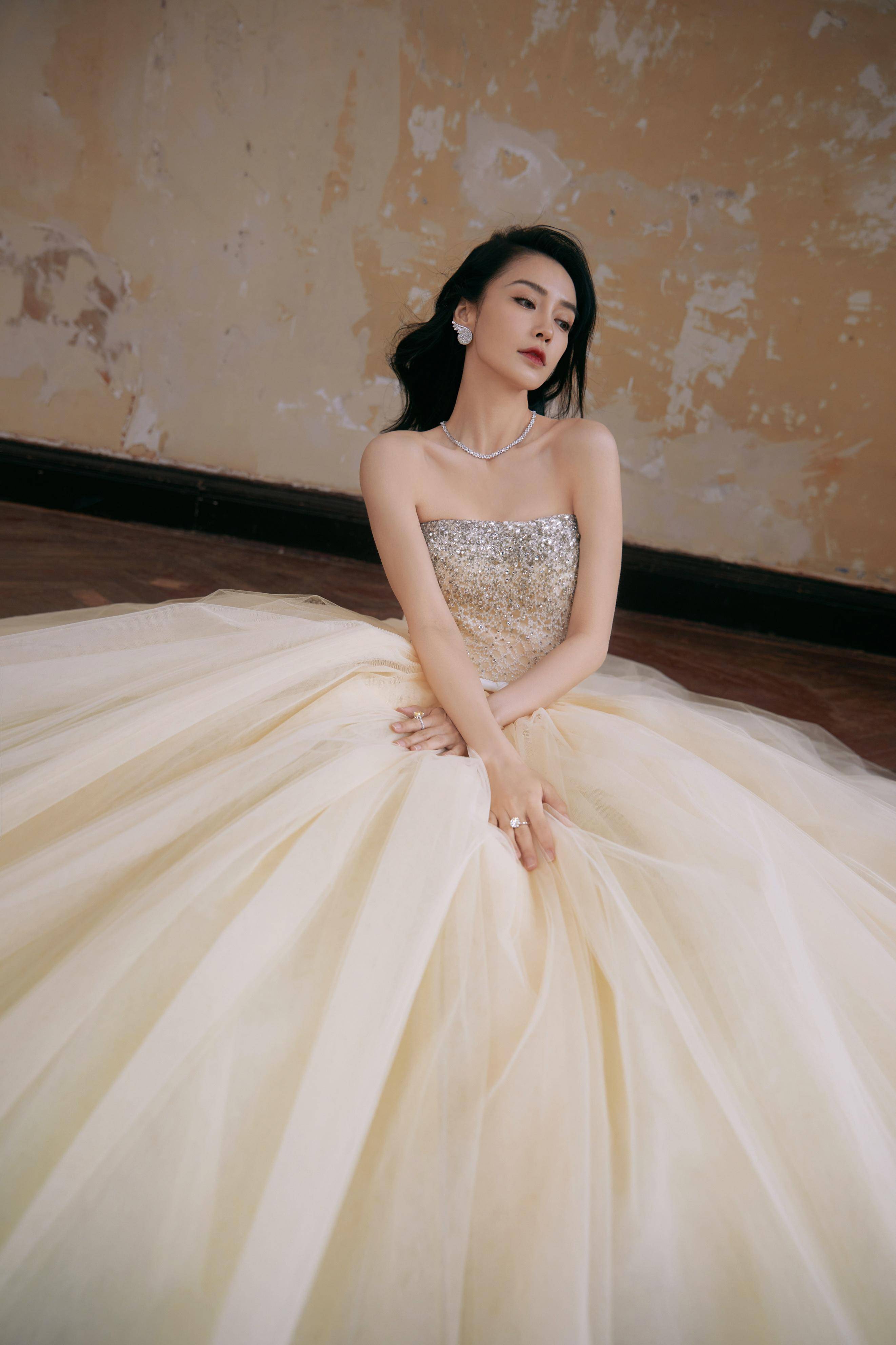 angelababy身穿晶钻华尔兹抹身材礼裙,如同童话里的公