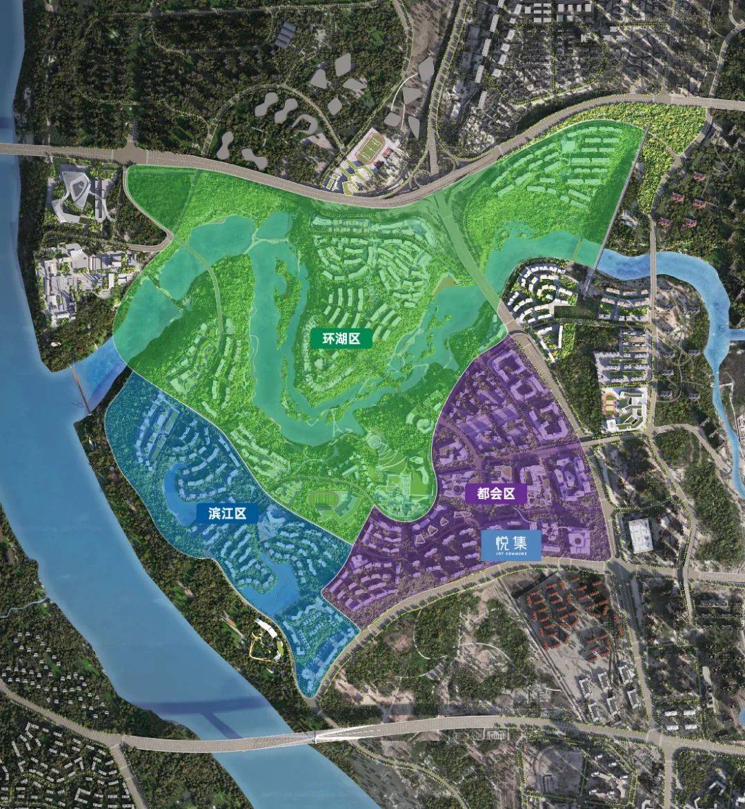 麓悦江城是一座3500亩大城,规划环湖区,滨江区,都会区三大功能分区,不