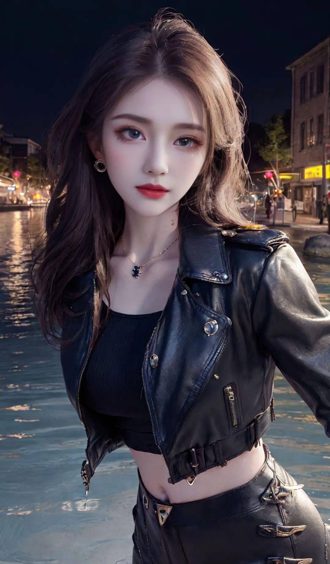 67ai绘画:美女黑色皮衣紧身诱惑,这谁能驾驭得住?