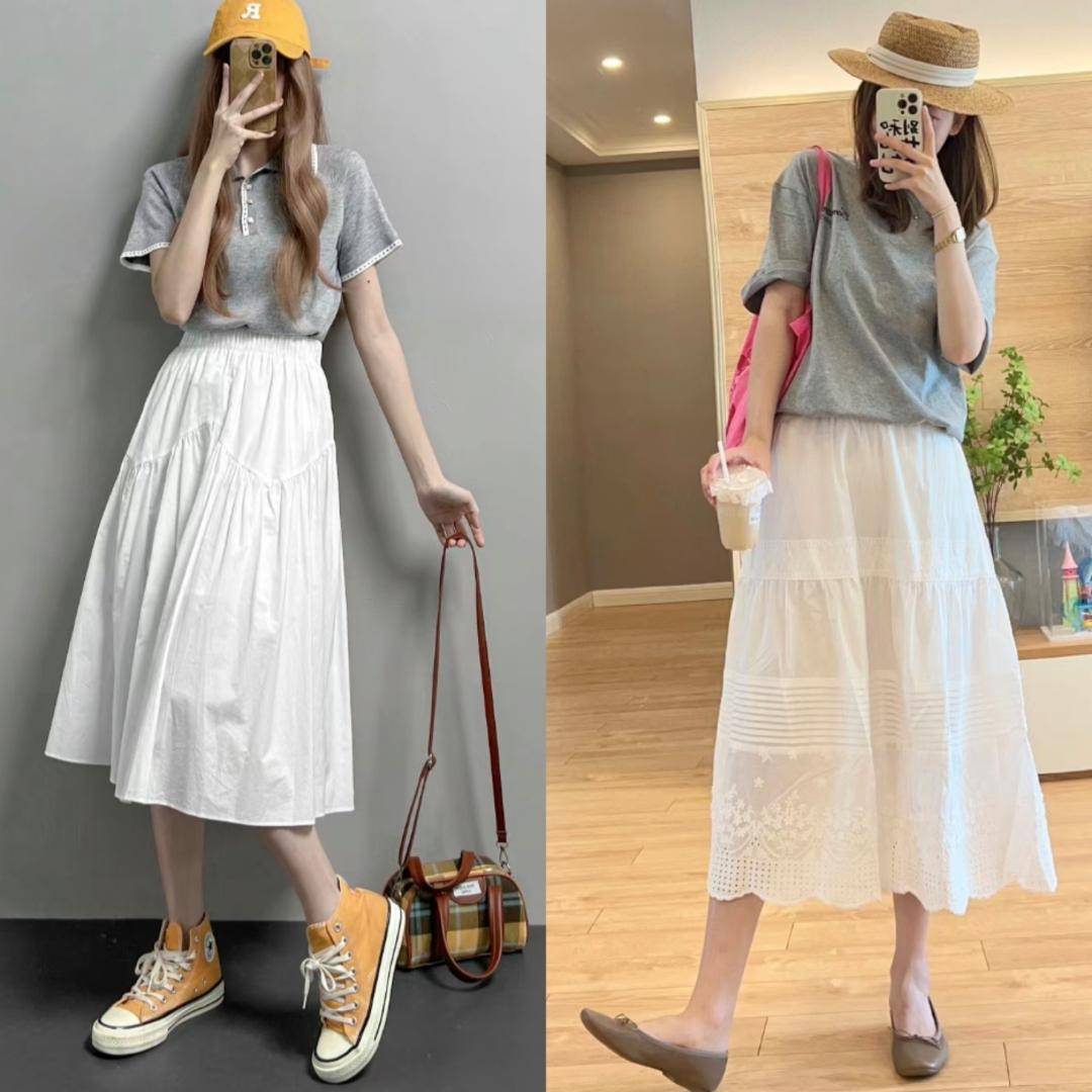 时尚的白色裙子搭配灰色上衣蓝色是一种清爽,包容的颜色,可以搭配白色