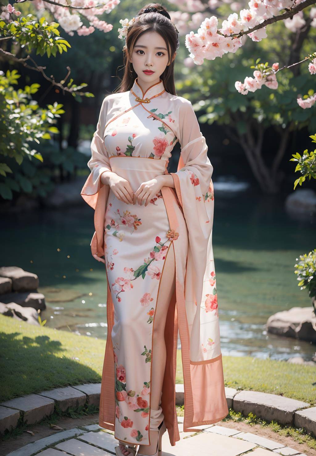 超清美女桃花林汉服旗袍小姐姐_花香_魅力_花瓣