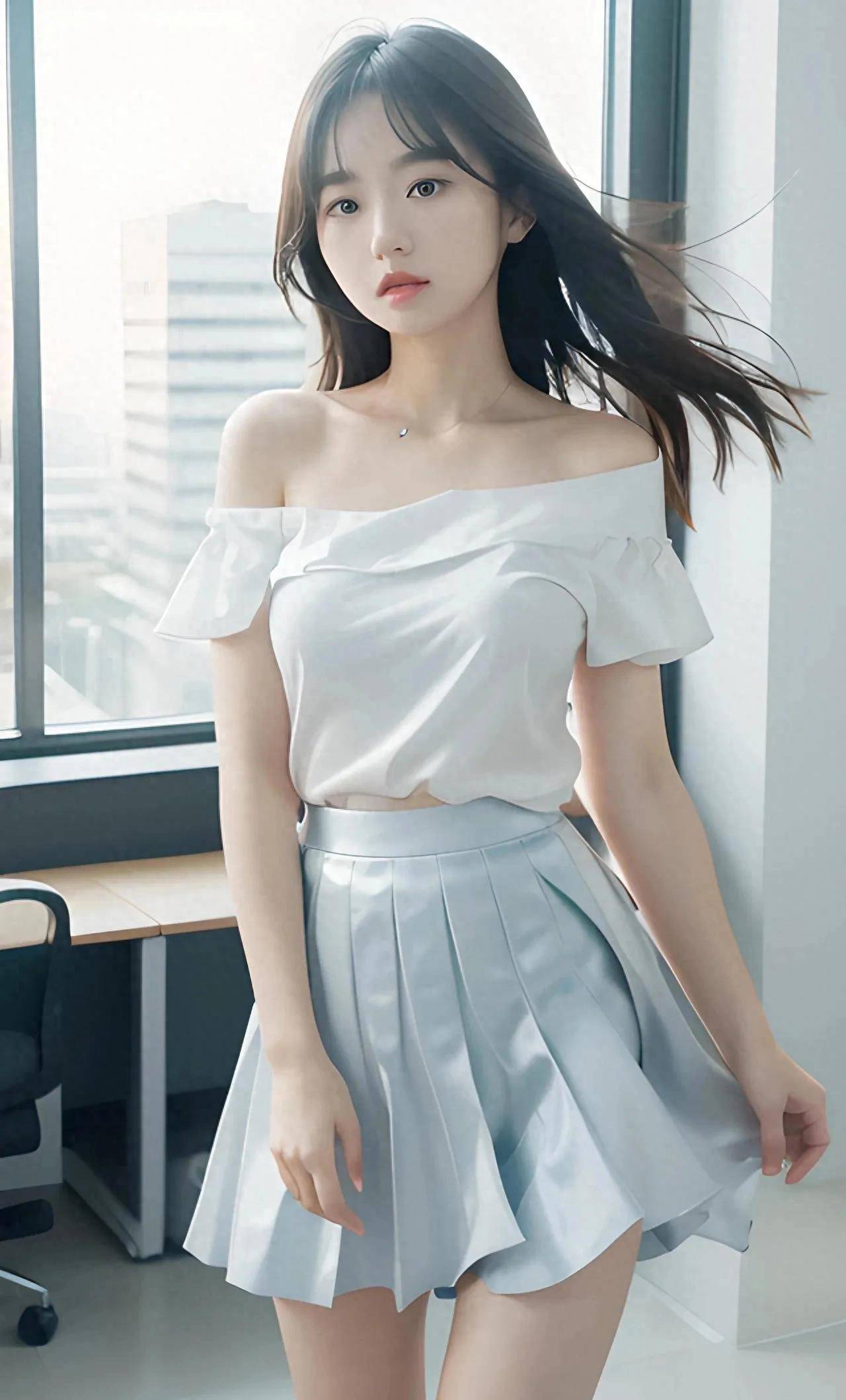 ai美女|浅蓝色真丝吊带背心搭配百褶裙_丝绸_青春_色彩
