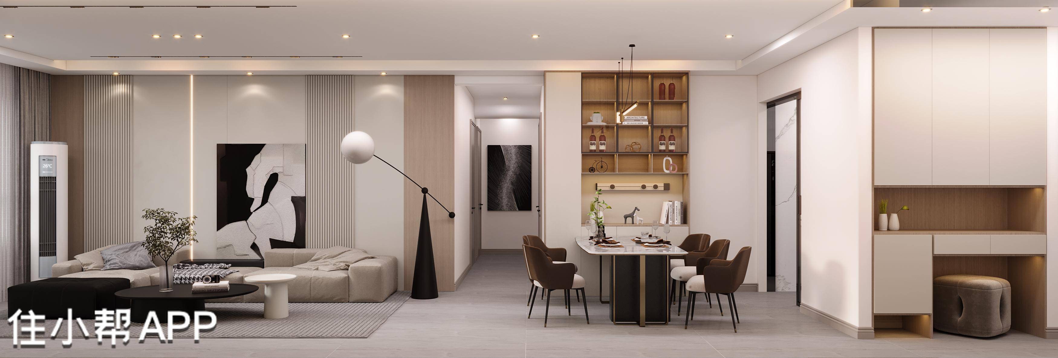 天午盛装饰129㎡现代风格设计,格栅板和石膏板相结合的电视背景墙设计