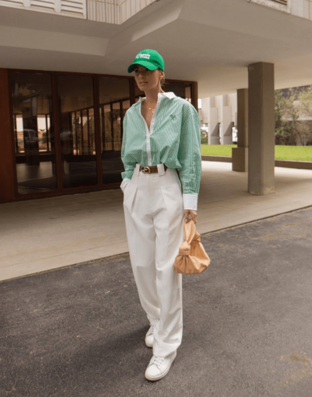 西班牙时尚博主zina charkoplia 酷飒大女主简约通勤穿搭_白色_绿色
