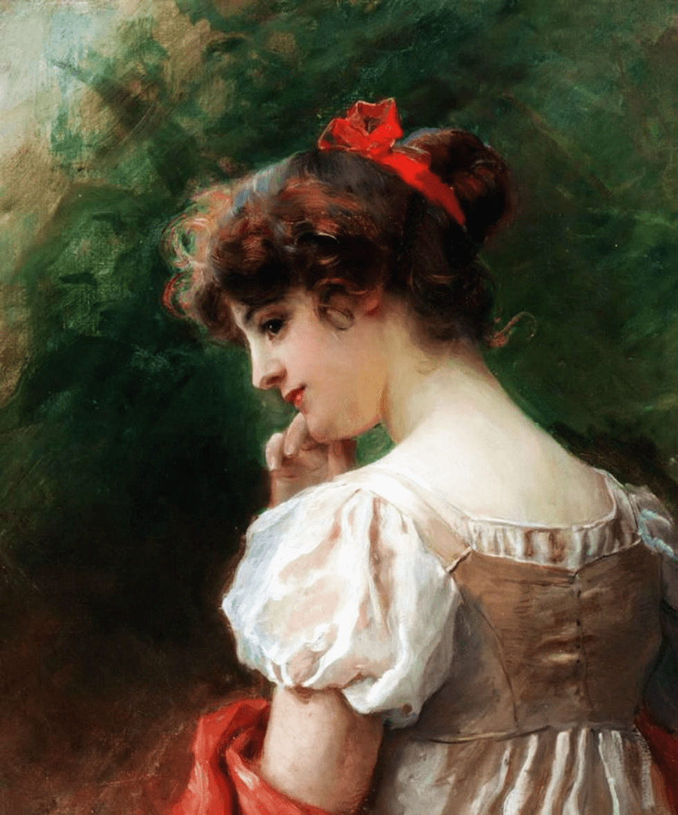 油画欣赏:《回眸女郎》_人物_女士_红色