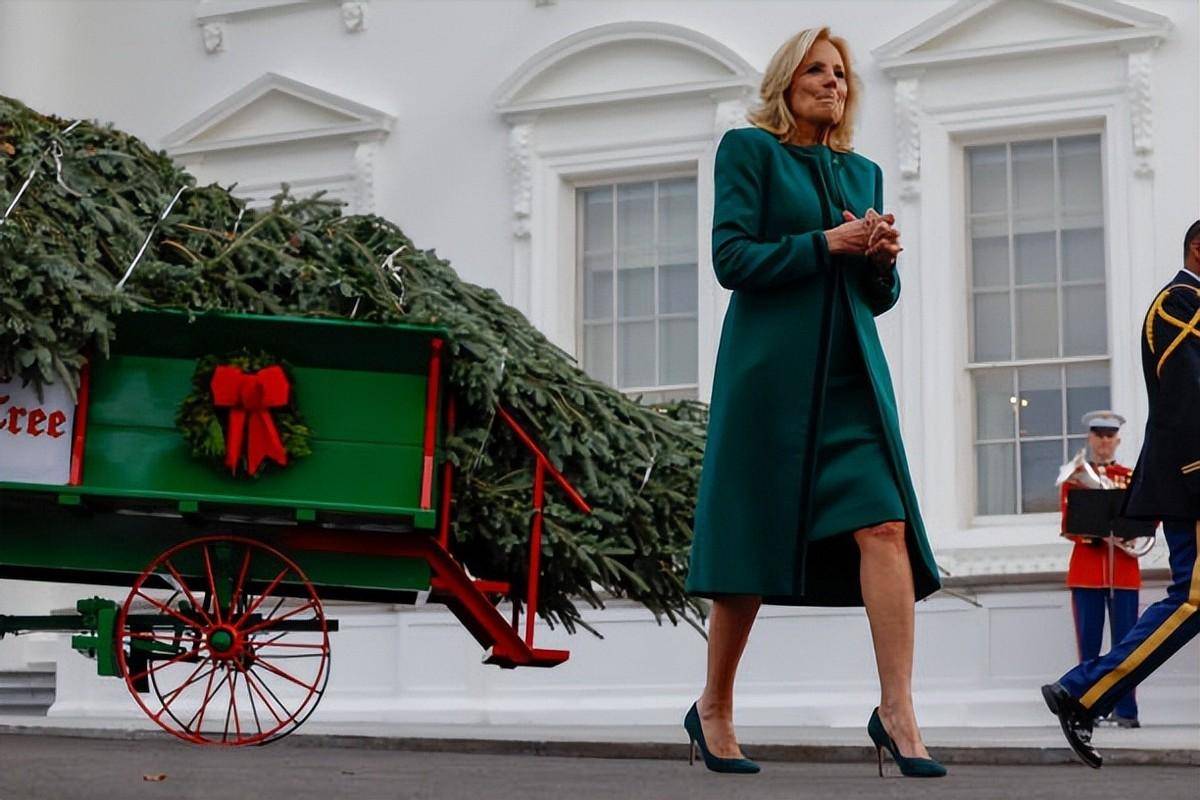 美国第一夫人穿"圣诞装"惊艳亮相,迎接圣诞树_吉尔_造型_一身