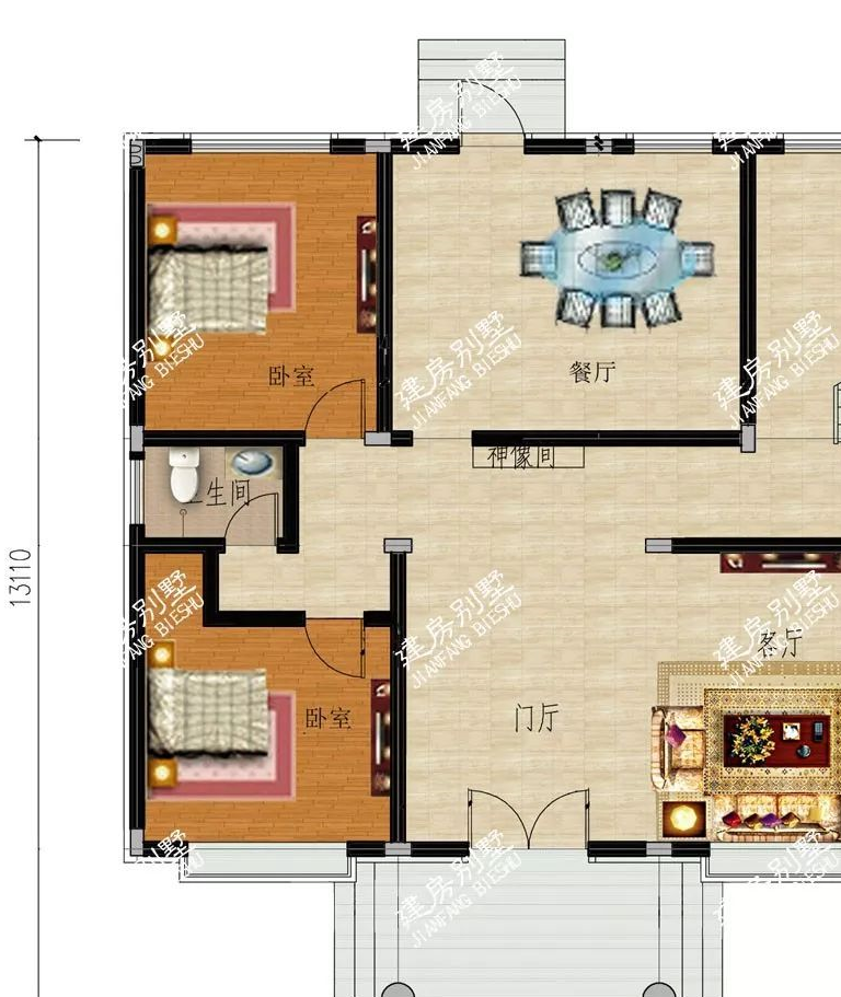 平面布局说明:一层两室两厅一卫,厨房单独建在屋后面,留有后门方便