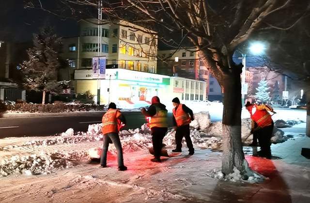 卡車忙運堆林苑,鐵板平推碰道牙.一夜路燈光燦燦,滿城大雪響沙沙.