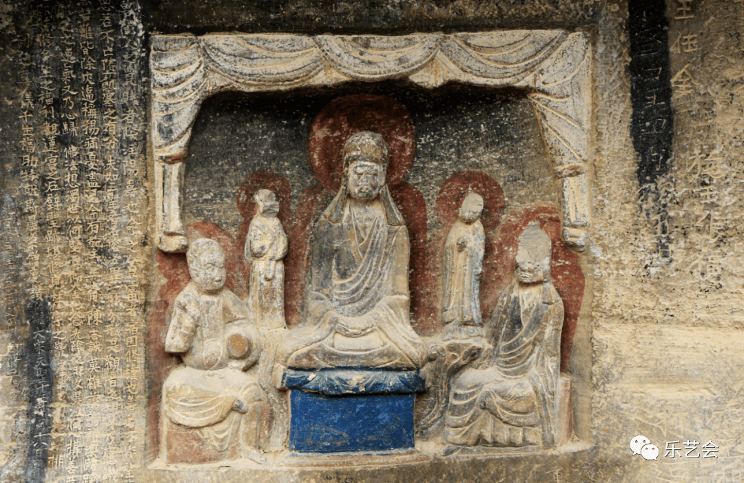 网络资料6,北宋天圣十年(1032 年)花石崖"三圣"铭僧伽三圣石雕像旧时