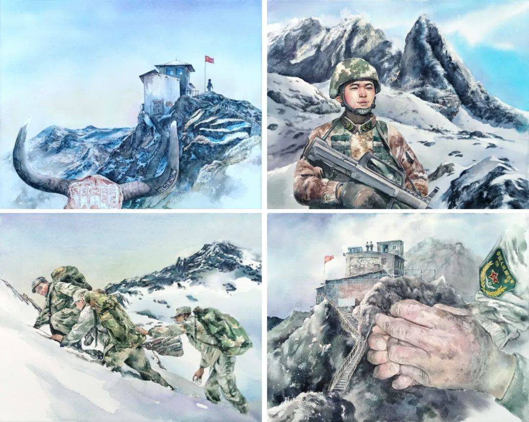 《云中哨所》 178×100cm《圣光》 65×140cm《五星的故事》 120×150