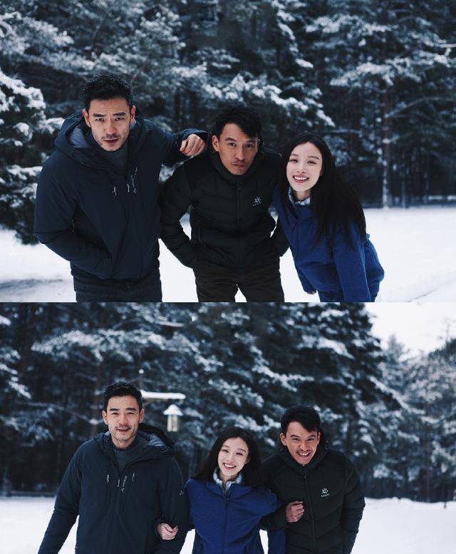 倪妮左手张震右手李光洁,一身蓝色搭配棕色雪地靴,笑的美如画_合作