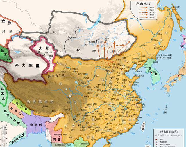 最後,看看明朝疆域圖(1407-1427年),其中橙色部分是《中國歷史地圖集