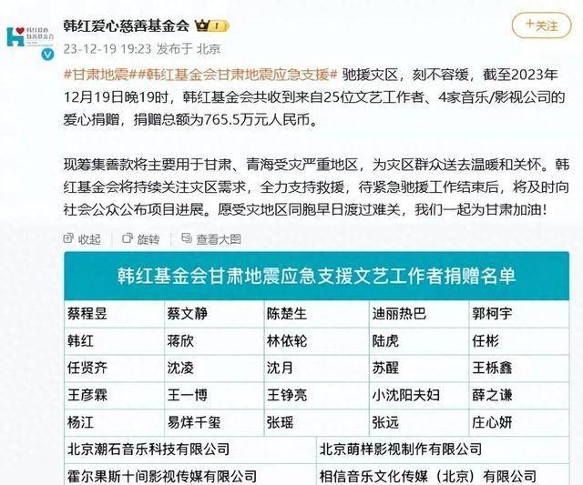 众明星通过韩红基金会向甘肃捐款,韩红黄晓明再展大爱_灾区_灾难_人民