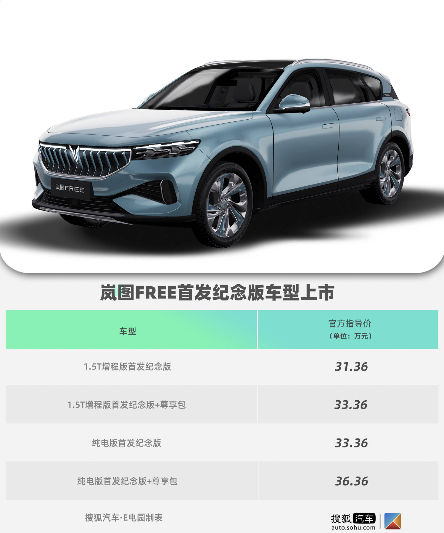 岚图free首发纪念版车型上市31 36万元起售 两种动力可选 三彩