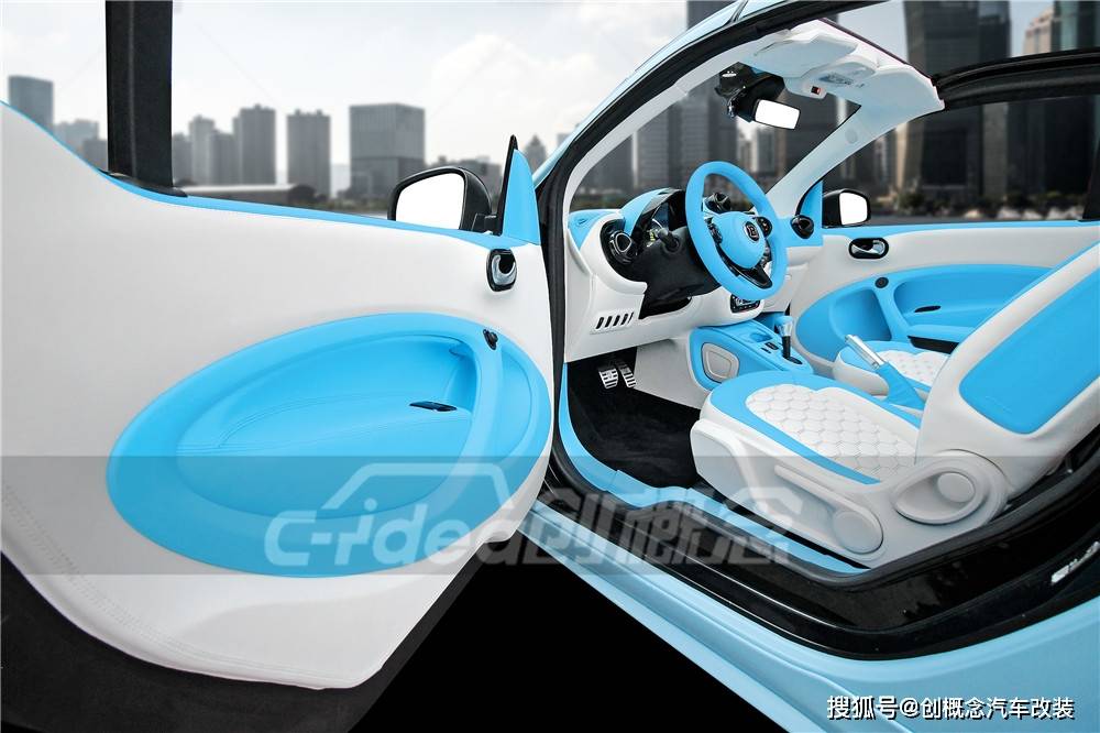 奔驰smart改装蓝白色中控台清新内饰改装案例