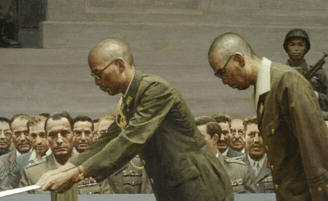 一组老油画记录1945年9月9日9时日本鬼子在南京投降这是铭记历史的一