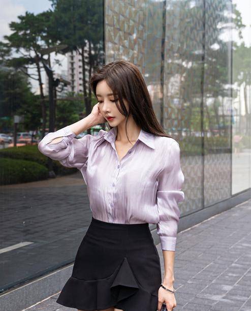 黑色|韩国模特孙允珠韩版夏日轻盈紫芋色修身时尚OL通勤衬衫网拍