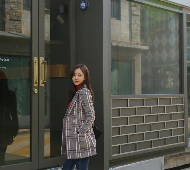 条纹|韩国模特孙允珠韩版红灰条纹格子西装外套时尚休闲网拍