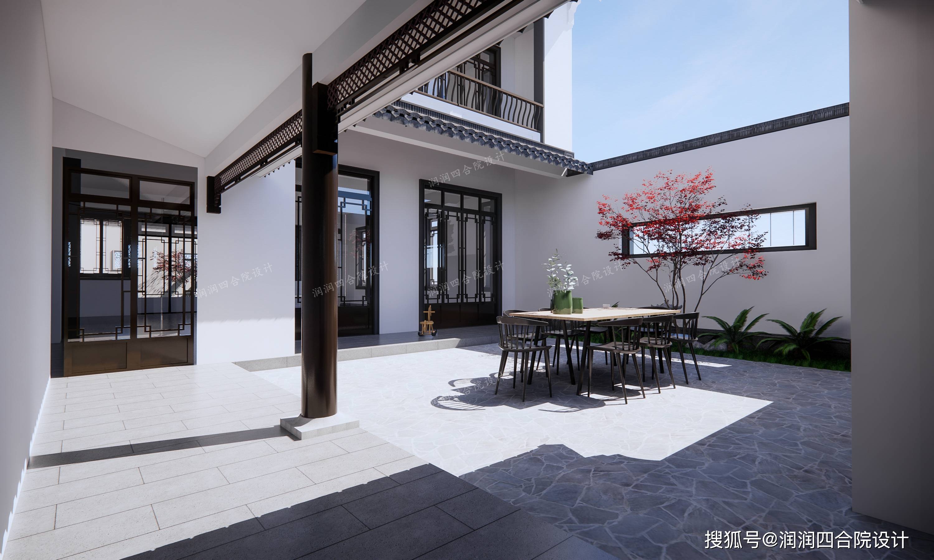 开间仅13米的三层新中式庭院别墅带4个悠闲庭院1323润润四合院设计