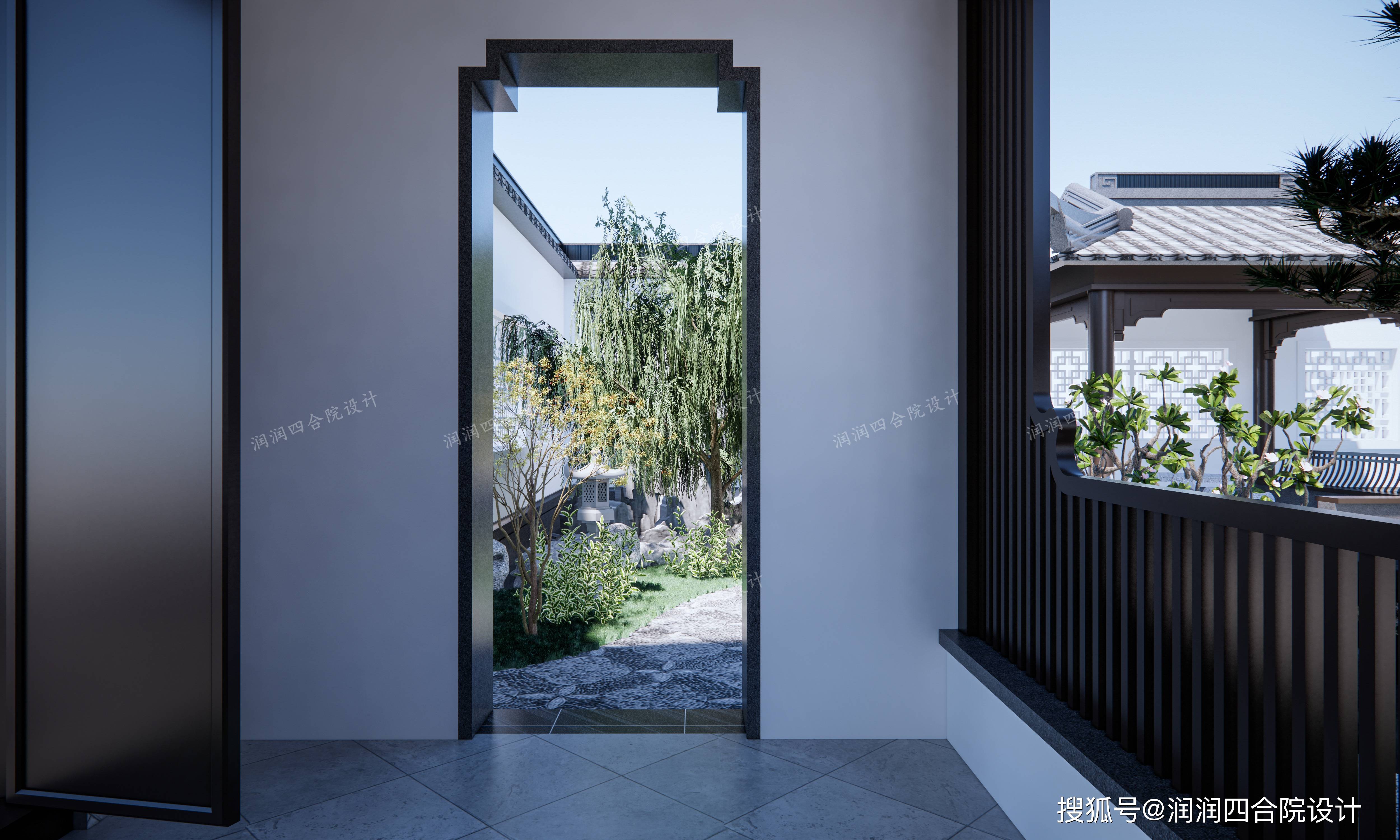 门楼通向花园的门洞——润润四合院设计刘鹰原创拼花石路走向凉亭