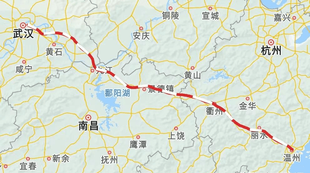 溫州至武漢高鐵,新修溫州至九江段即可,設計時速350km/h