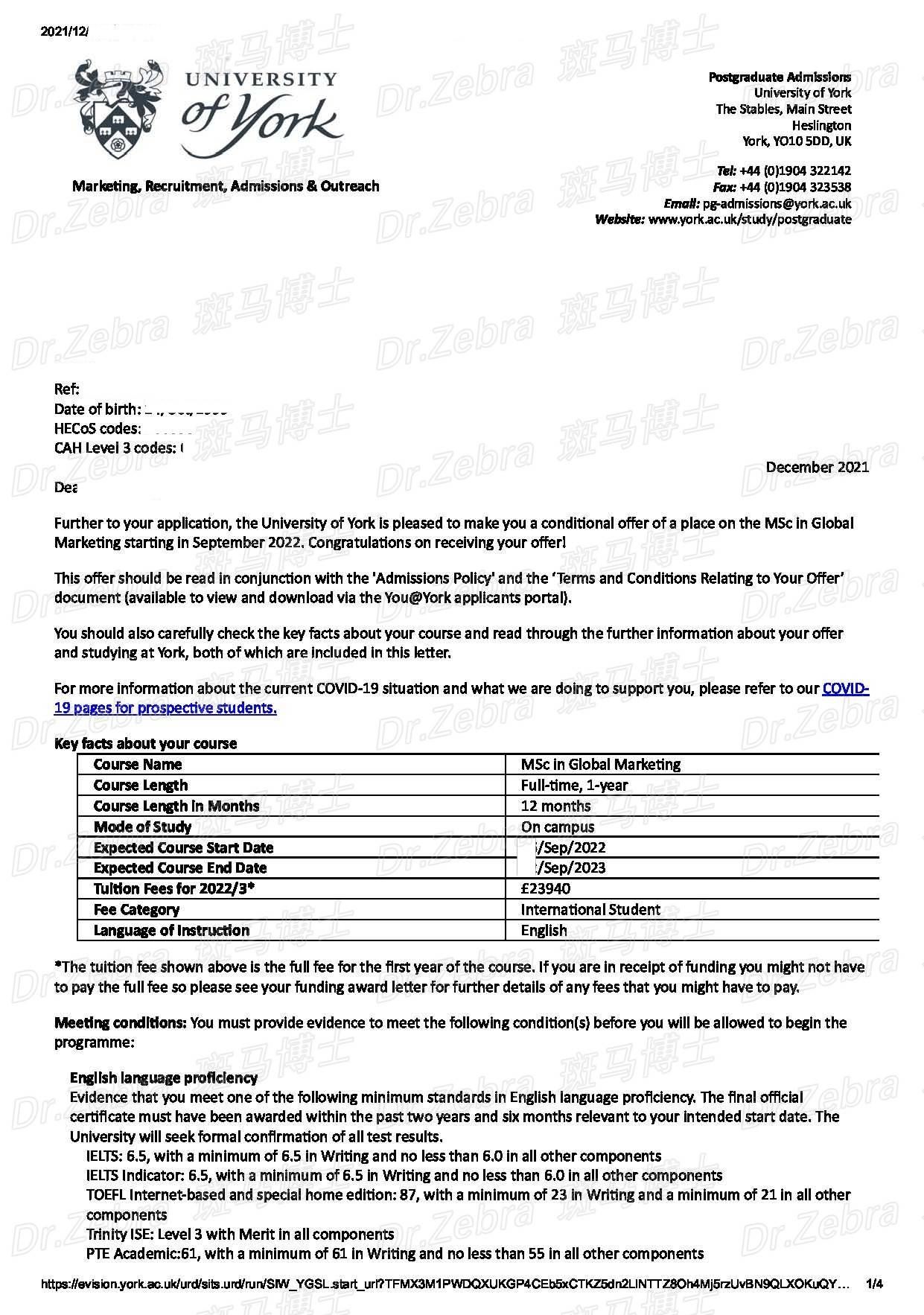 【offer展示】英国约克大学 university of yorkmsc global marketing