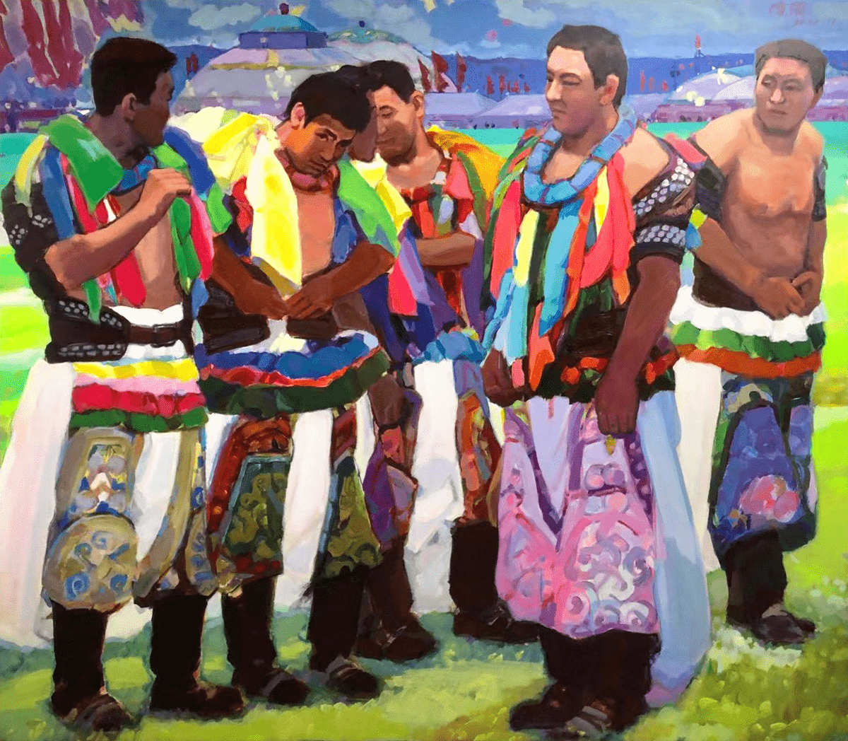 《摔跤手》117×70cm《系腰带》100cm×80cm《迁动的蒙古包》117