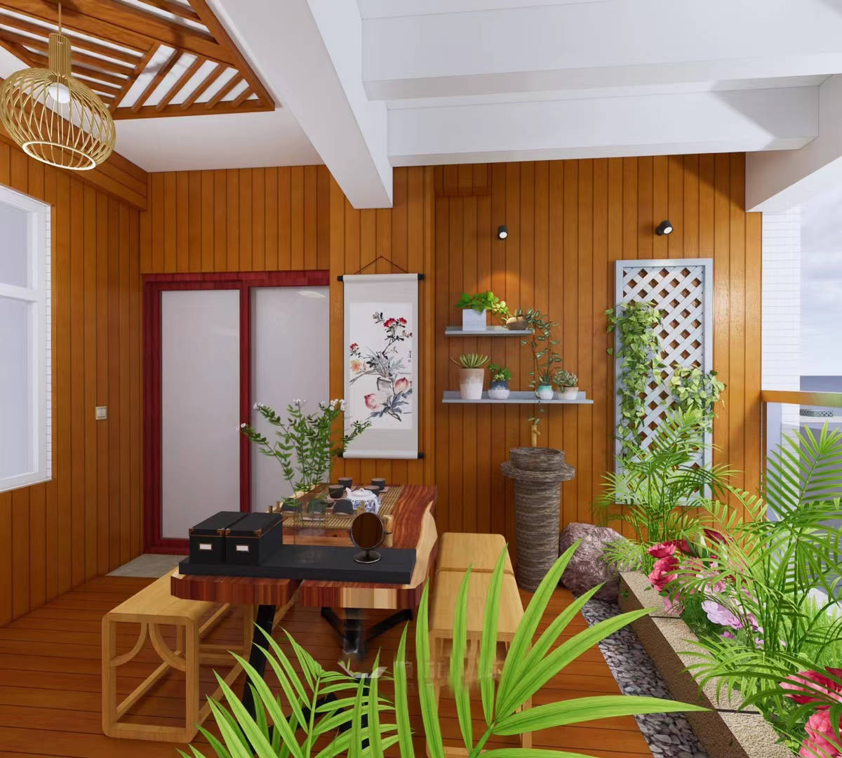 茶室阳台要怎么装修广州喜鹊林木阳台以中式风格茶室改造方案讲述