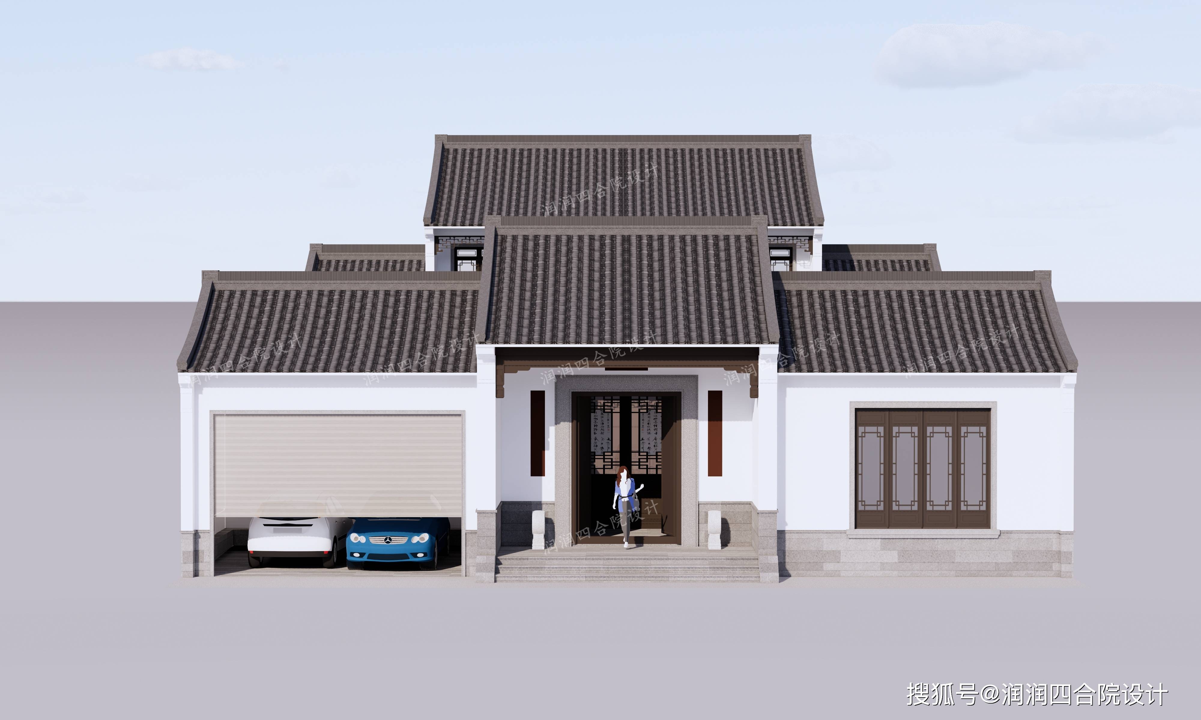 大进深的北方四合院带车库款式三体量比较大的一层四合院,外观设计用