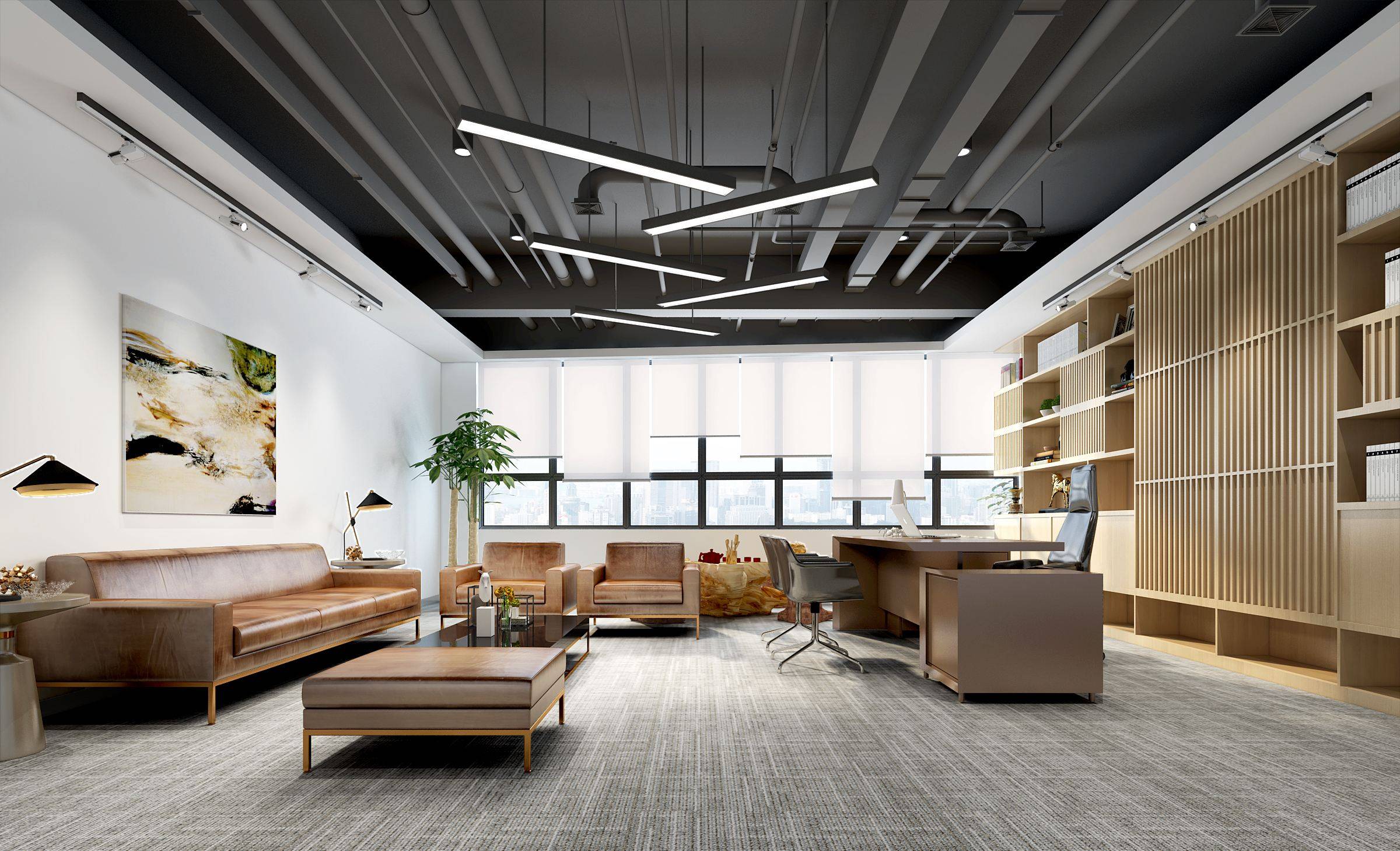 首先以筒灯再配合射灯为主,在提供足够照度前提下进行办公室照明设计