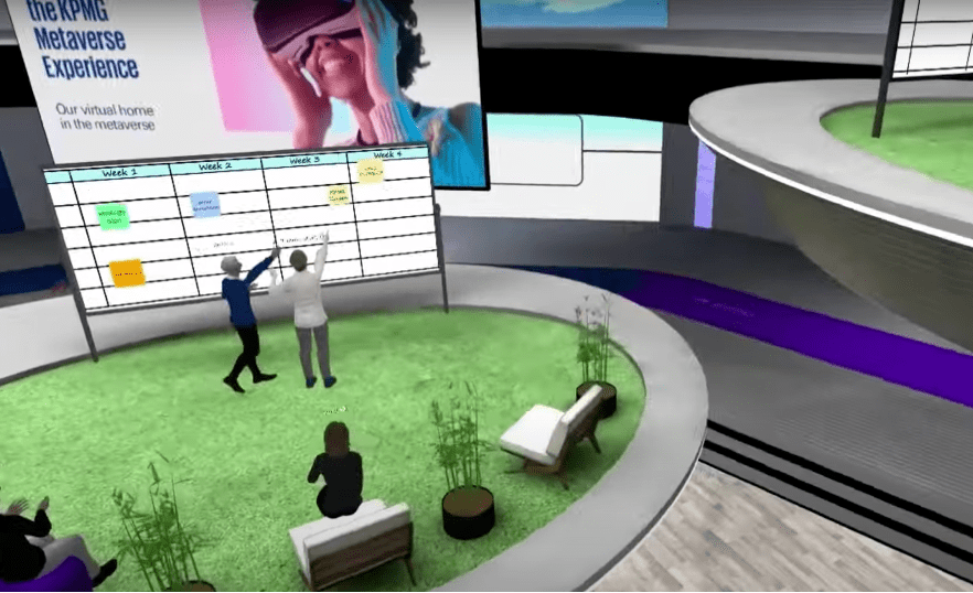 图片展示了虚拟现实环境中的办公场景，人物正通过VR设备互动，周围是现代化的虚拟空间布局。