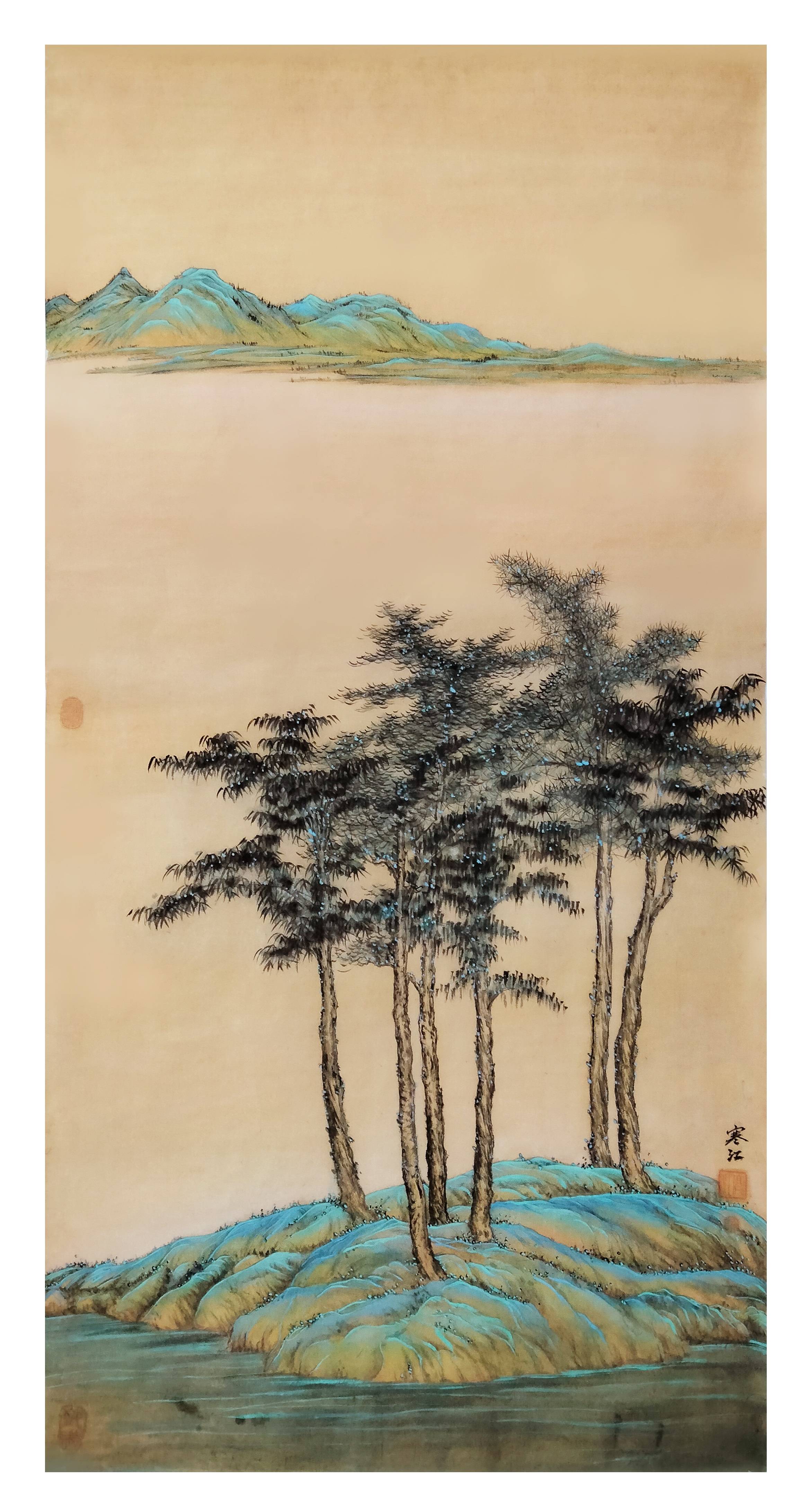スペシャルオファ 界画寒江---工笔青绿山水《六君子图》（拟倪云林笔意）_场景_ 絵画/タペストリー