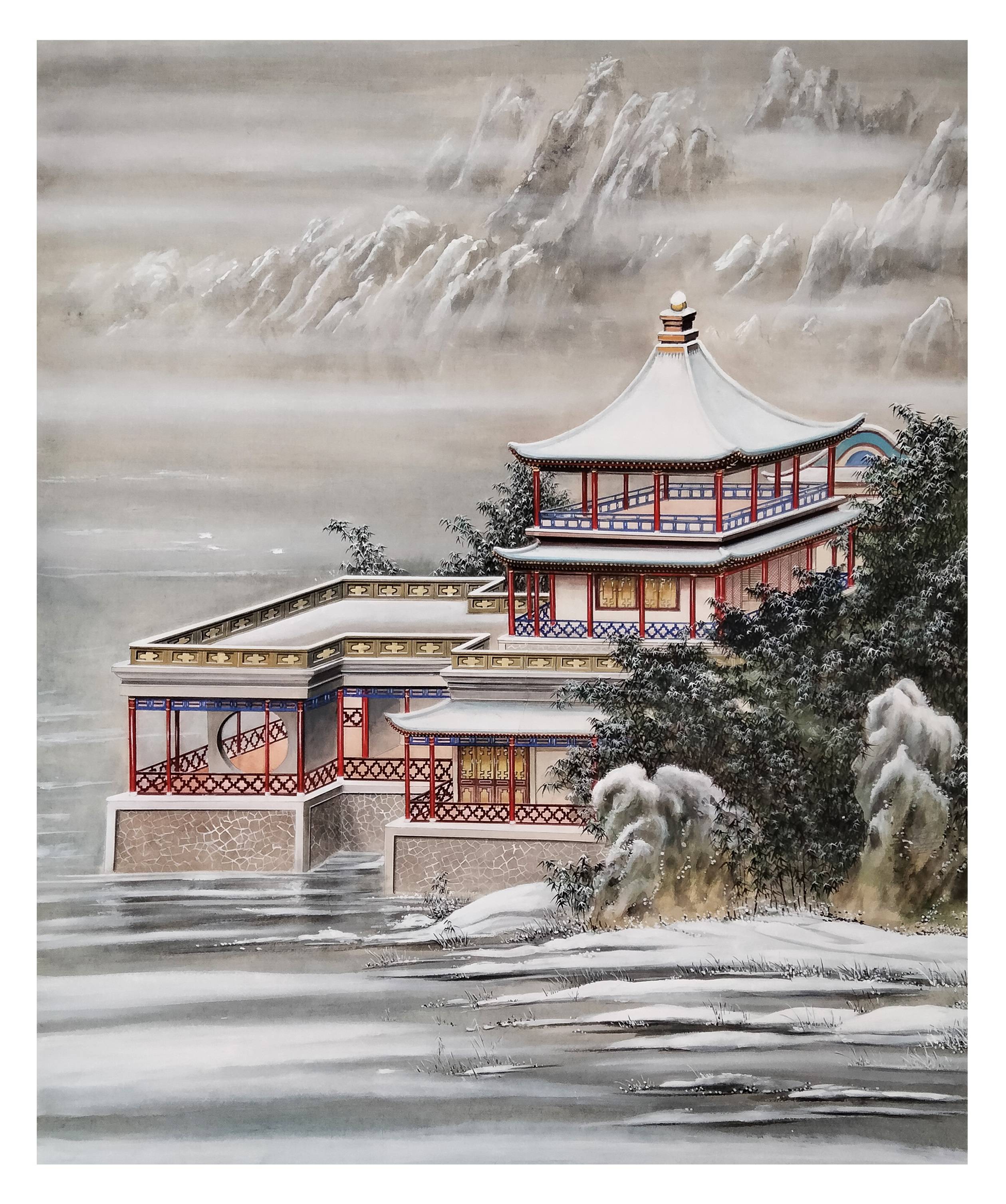 界画寒江---工笔界画《溪南高阁雪景图》_新水_效果_场景
