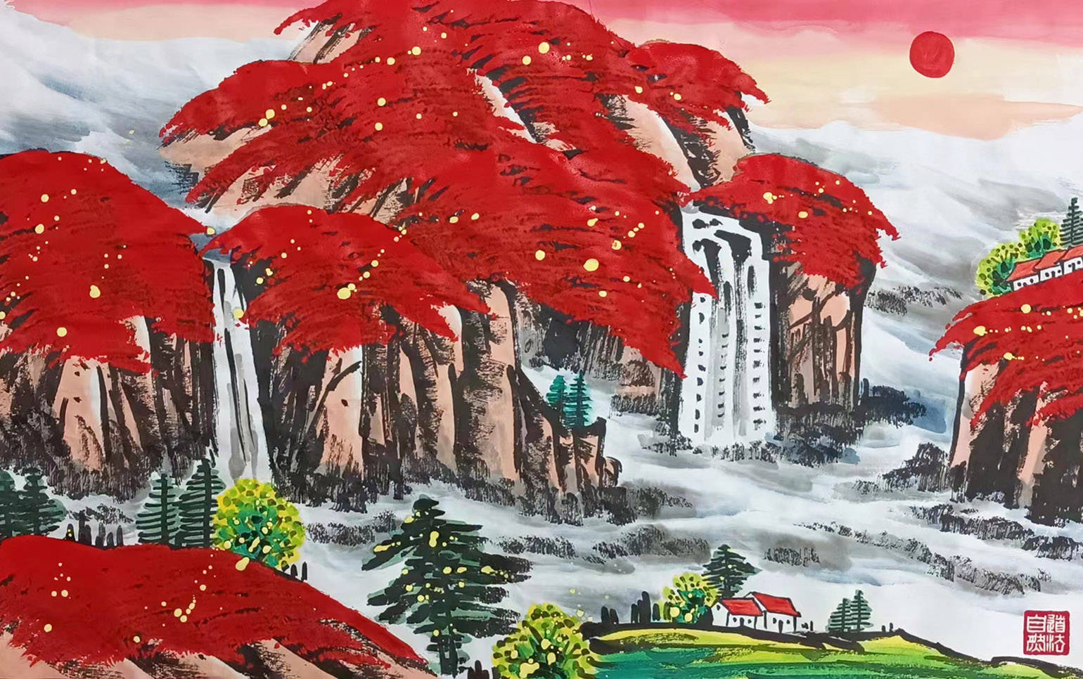 祥雲獻瑞的美好寓意,近處風景如畫,小橋人家,花團錦簇,寓意前程似錦