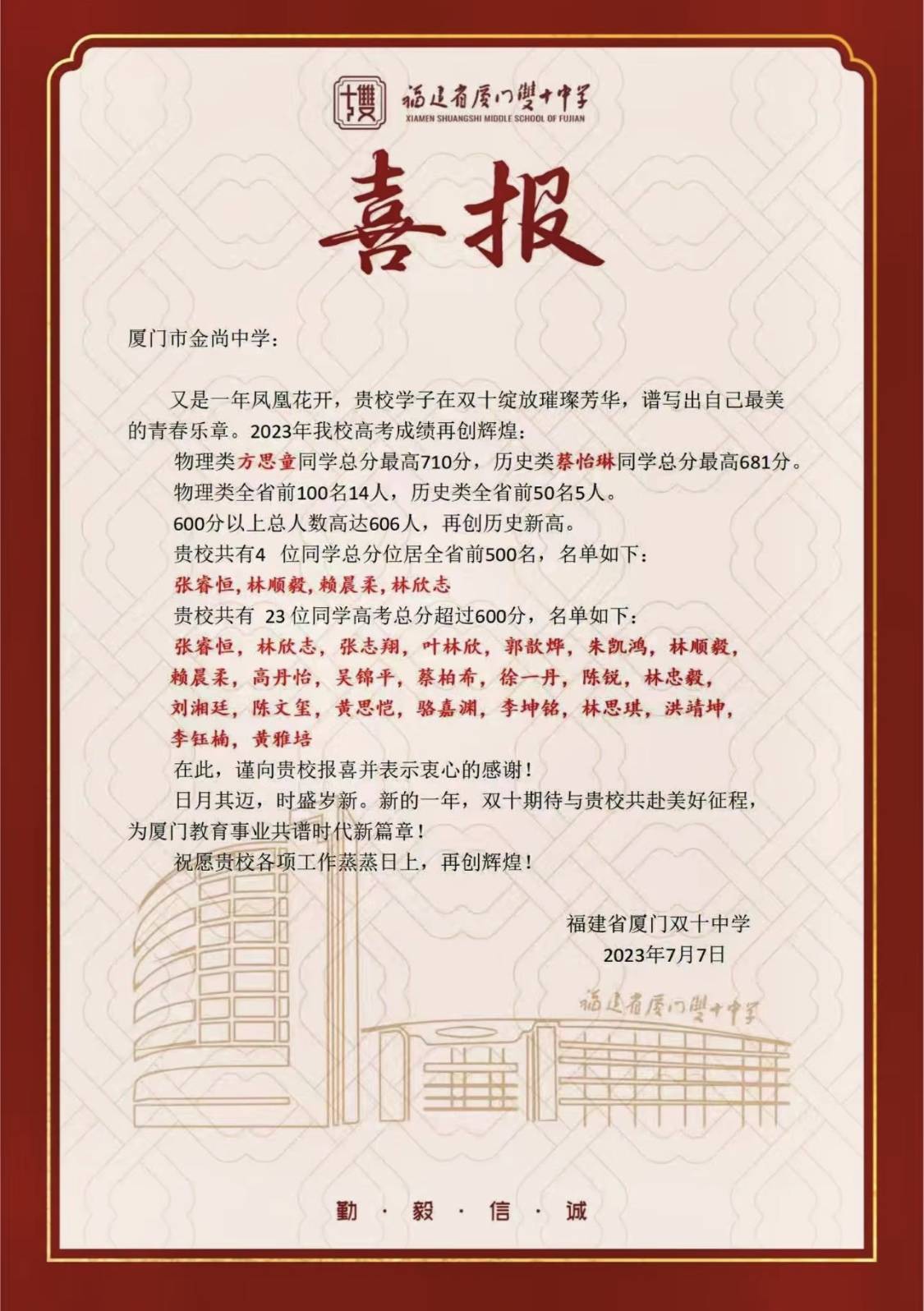 厦门双十中学发给部分优质初中的高考成绩喜报_名单_同学_福建省