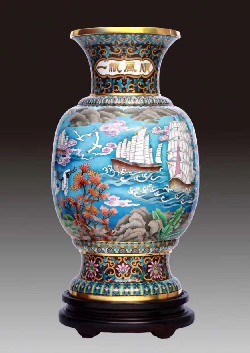 戴嘉林景泰蓝一帆风顺 掐丝珐琅景泰蓝赏瓶 荣获金奖作品_寓意_藏品
