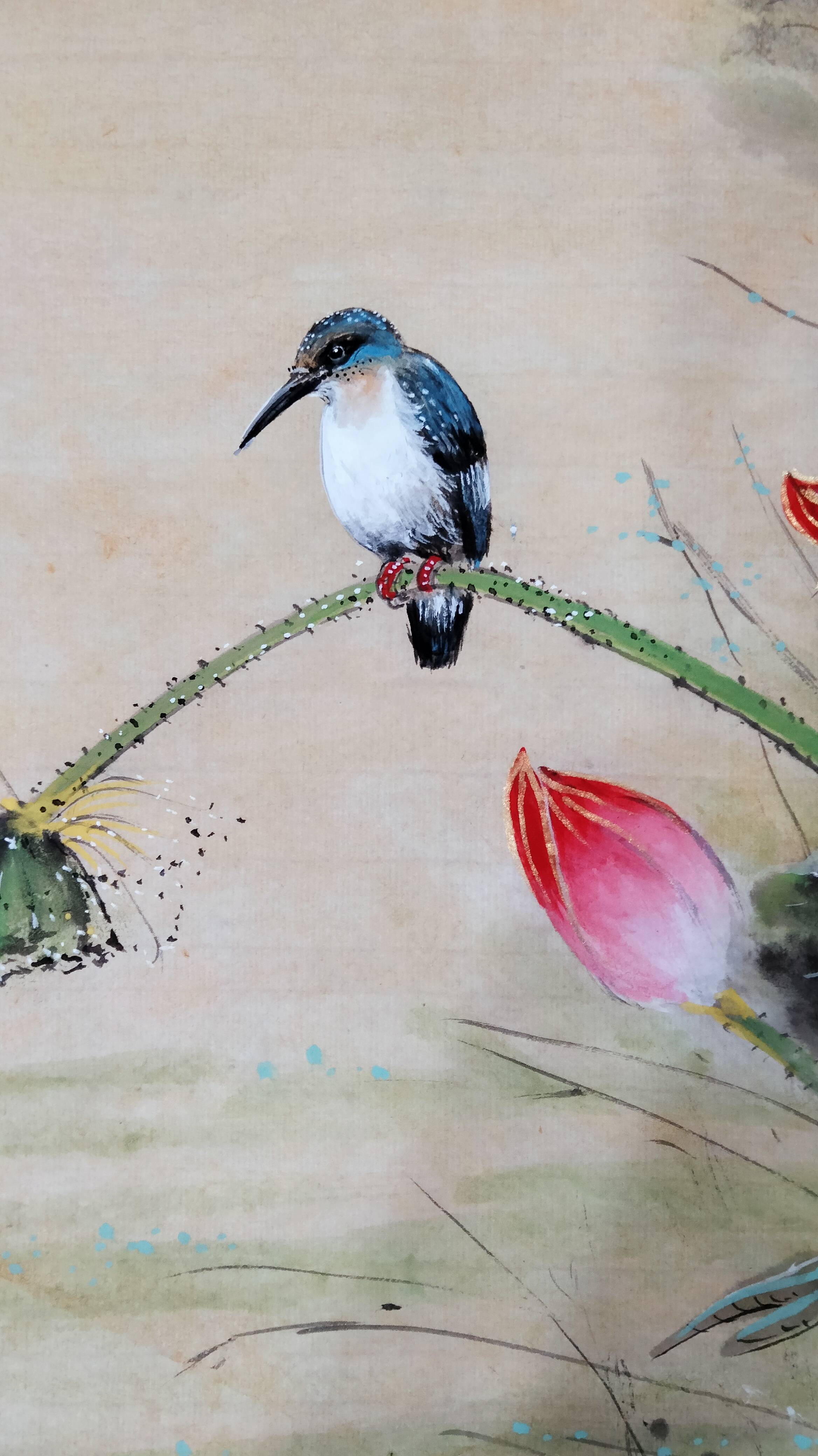 界画寒江---工笔花鸟画《荷花小鸟》
