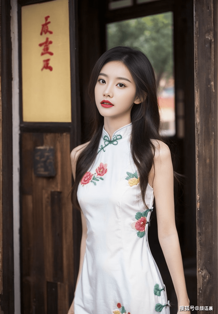 美女壁纸:身着白色刺绣旗袍的绝色佳人