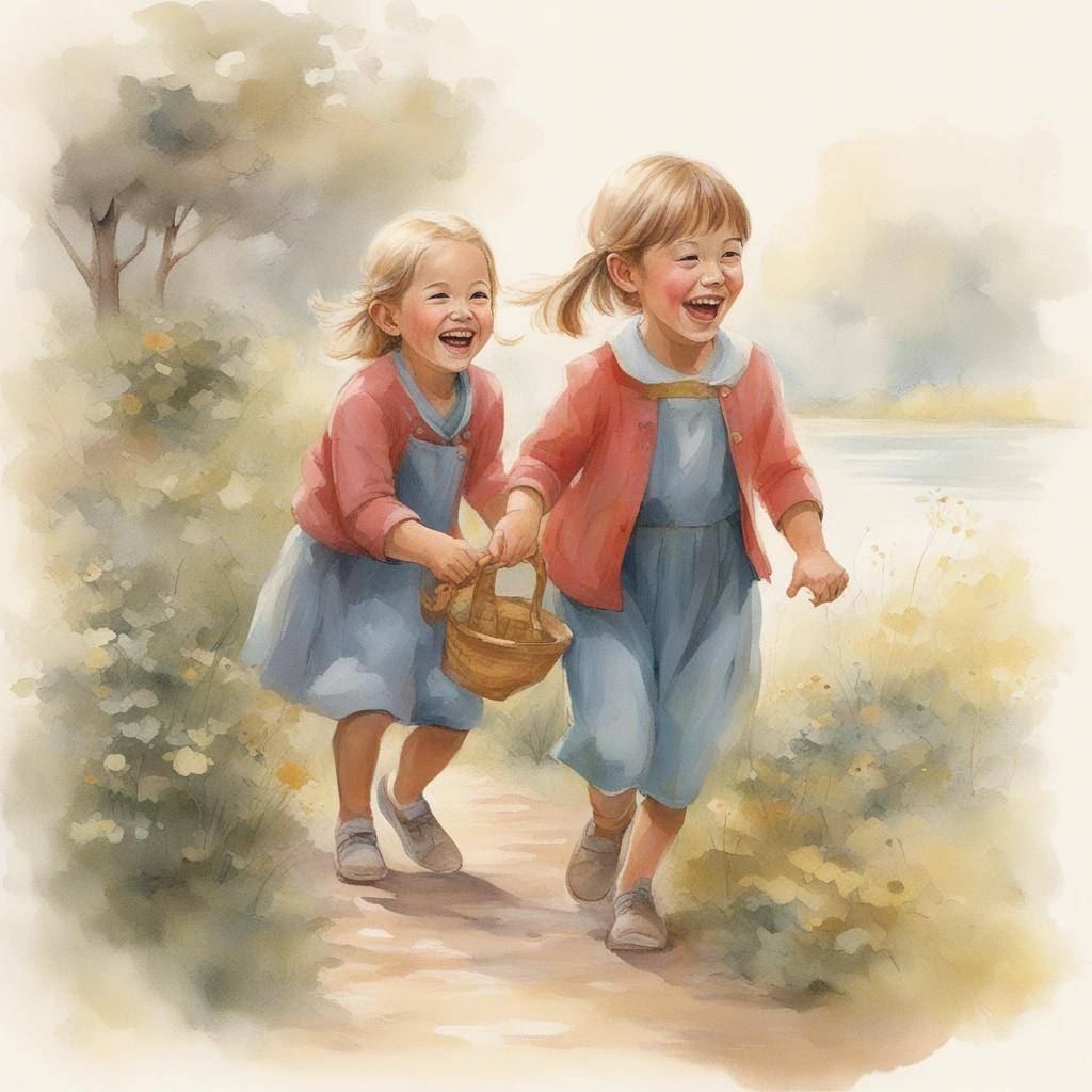 两个小女孩手拉着手,一同奔跑在阳光下,她们的笑声清脆悦耳