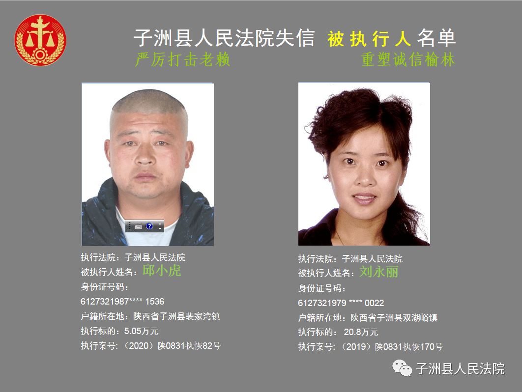 子洲县人民法院2020年第一批失信被执行人名单