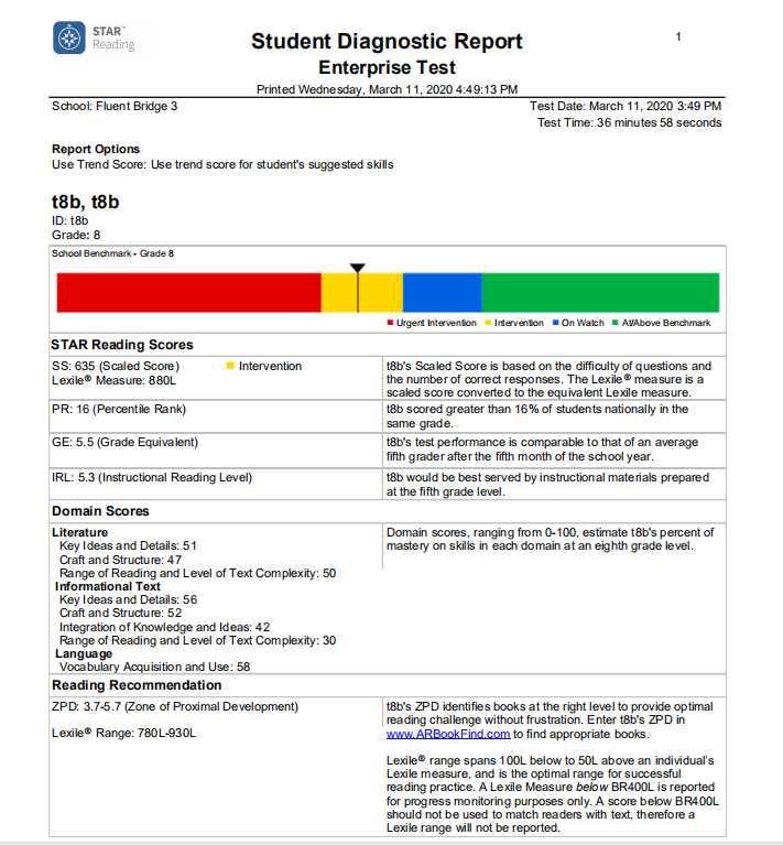 测试结束,电脑自动生成一个报告,汇报学生的ge(grade equivalent)
